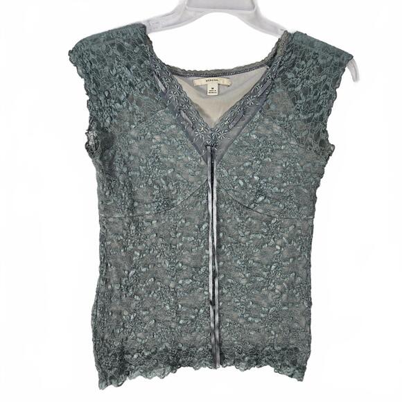 Merona Lace Cap Sleeve Top Medium Teal Sheer Floral Embroidered Romantic Mermaid - Picture 2 of 8